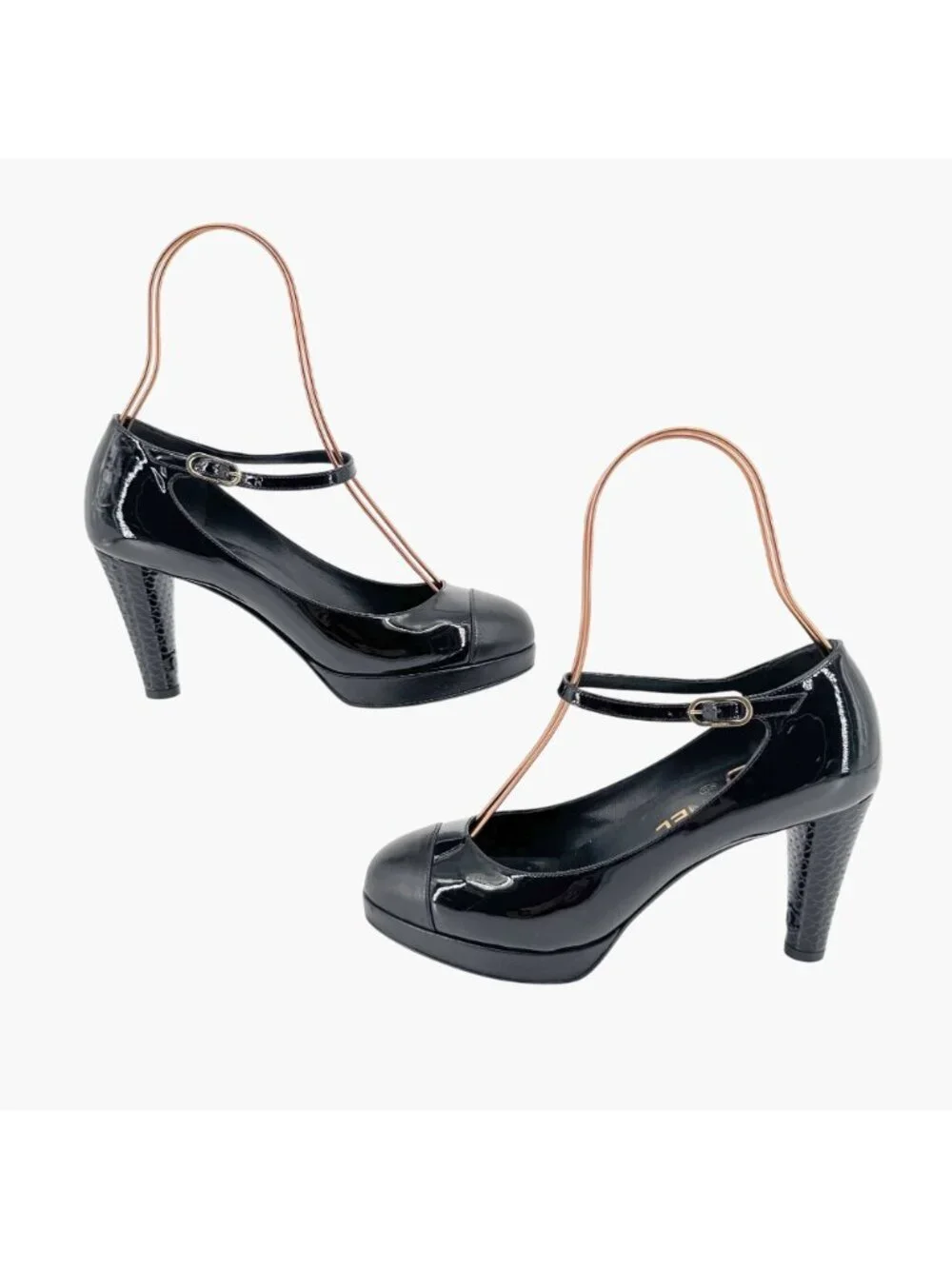 Chanel Platform Pumps Size 38 US 7-7.5 Black Patent Cap Toe Mary Jane Mid Heel - Picture 8 of 15